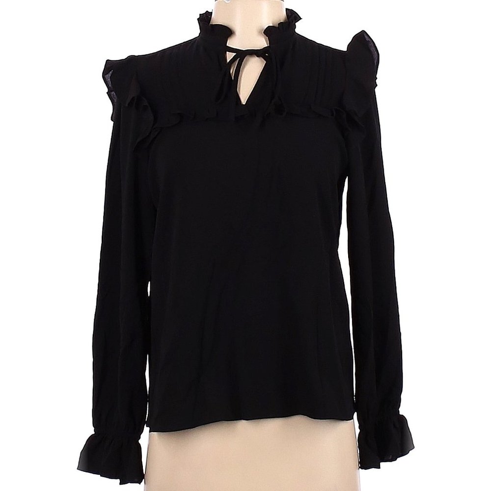 CeCe Black Long Sleeve Ruffle Blouse Womens Size Large
